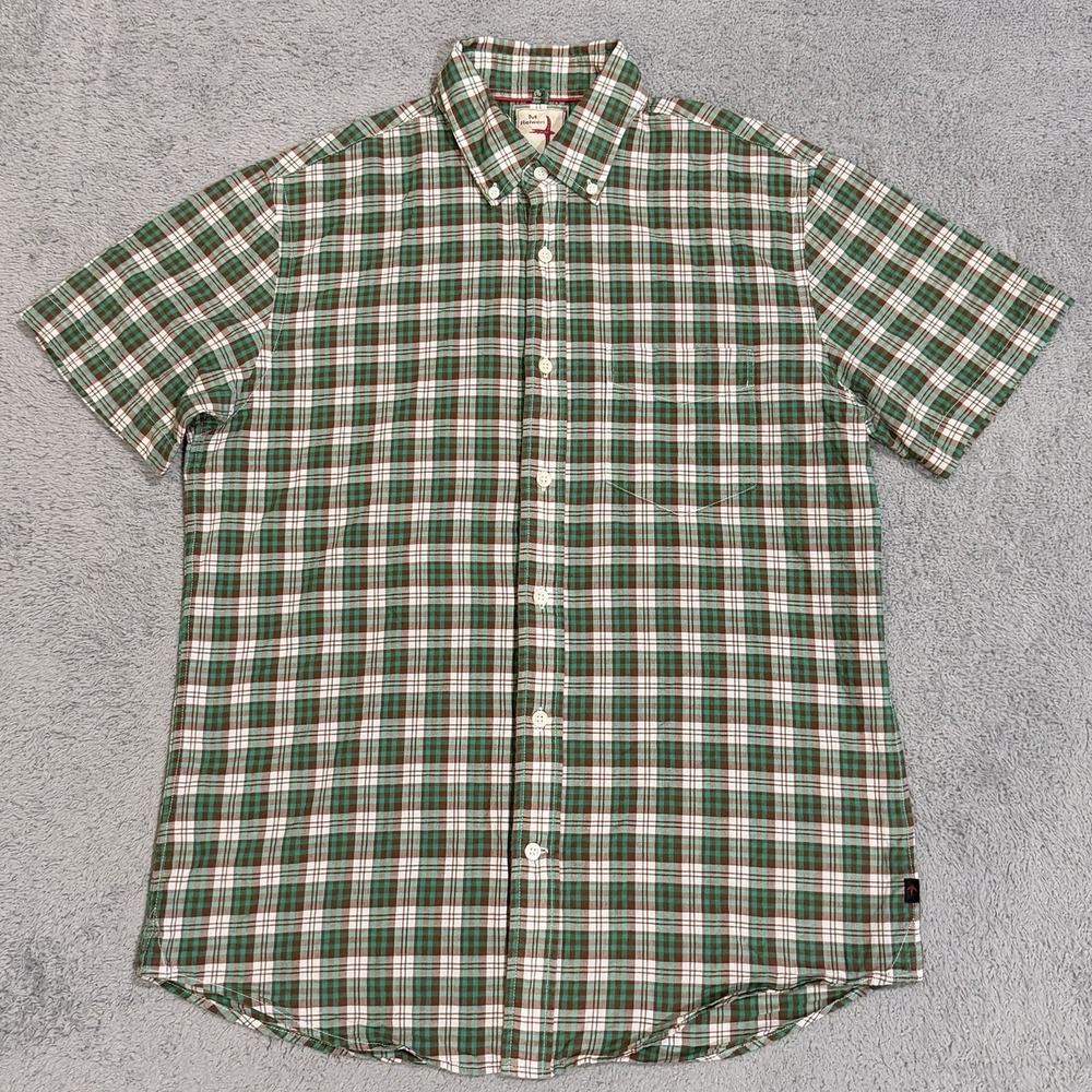 Relwen Shirt Mens Medium Madras Plaid Teal/Brown/White S/S Button Down Cotton - Picture 2 of 8